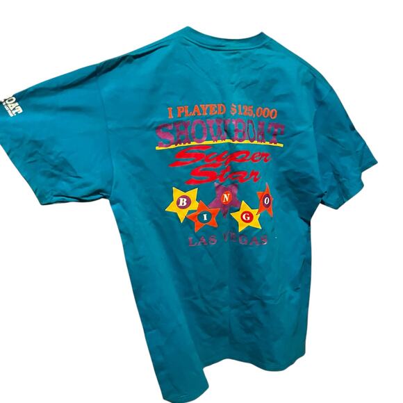 Vintage Showboat Super Star Bingo Las Vegas Casino Tee XL Turquoise Retro - Picture 6 of 12